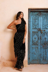 Black Chiffon Hand Embroidered Gota Saree